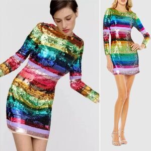 Mac Duggal 93724 Size 12 Rainbow Sequin Multicolor Striped Long Sleeve Dress NWT